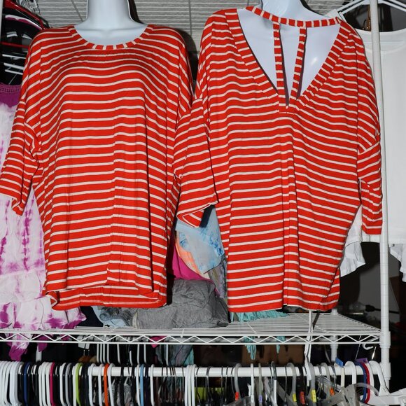 Joy Joy Poppy/White Stripe 3/4 Sleeve Blouse - Picture 1 of 3